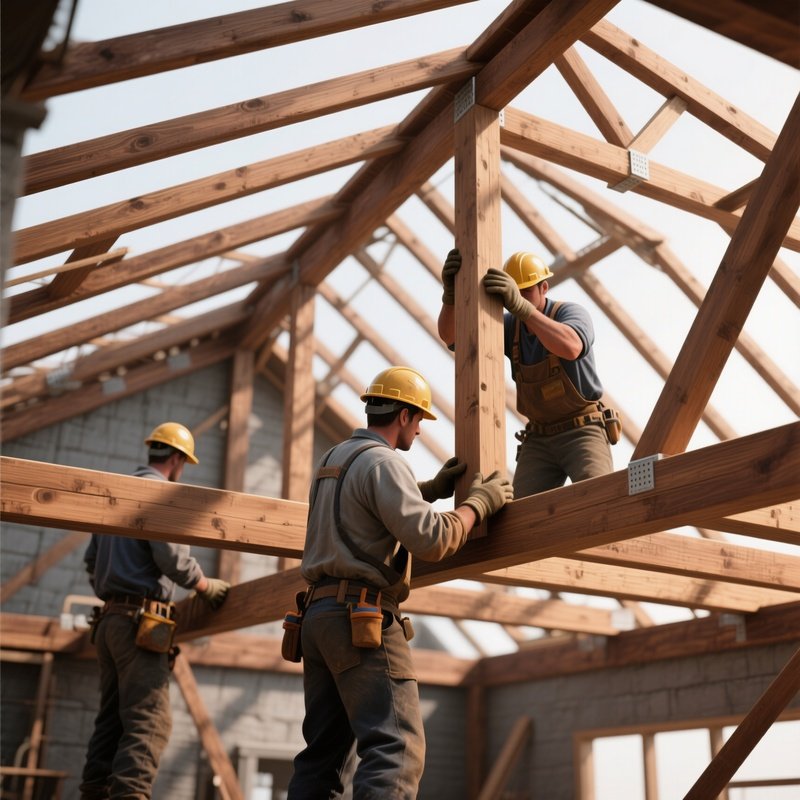 Digital Workers Securing Wooden Beams Inside Roof Frame