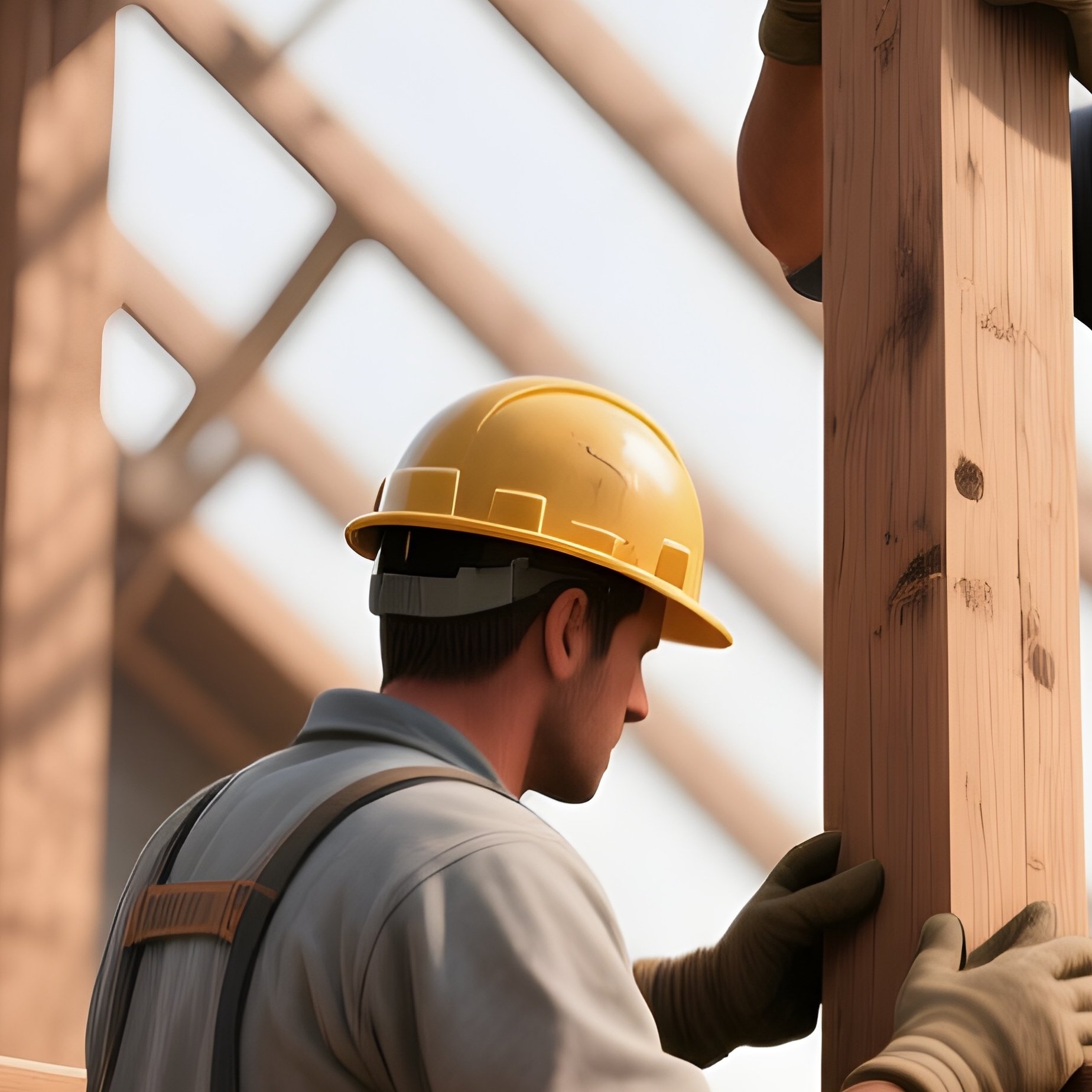 Digital Workers Securing Wooden Beams Inside Roof Frame - Full Resolution Quality Preview
