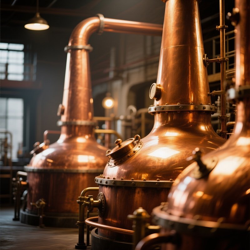 Distillery Copper: The Warm, Golden Glow Of Polished Copper Pot Stills In A Whiskey Distillery. The Lighting Is Soft And Ambient.