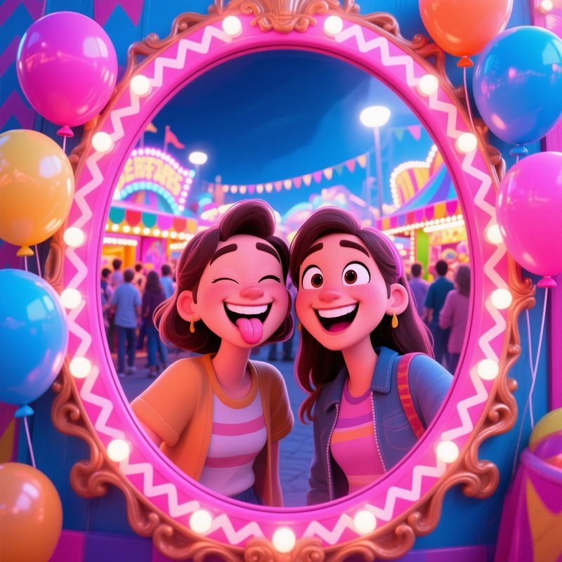 Distorted Mirror Two Friends Funhouse Mirror Carnival