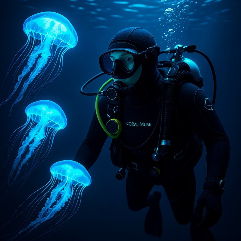 Diver Coral Muse Glowing Underwater Near Glowing Jellyfish