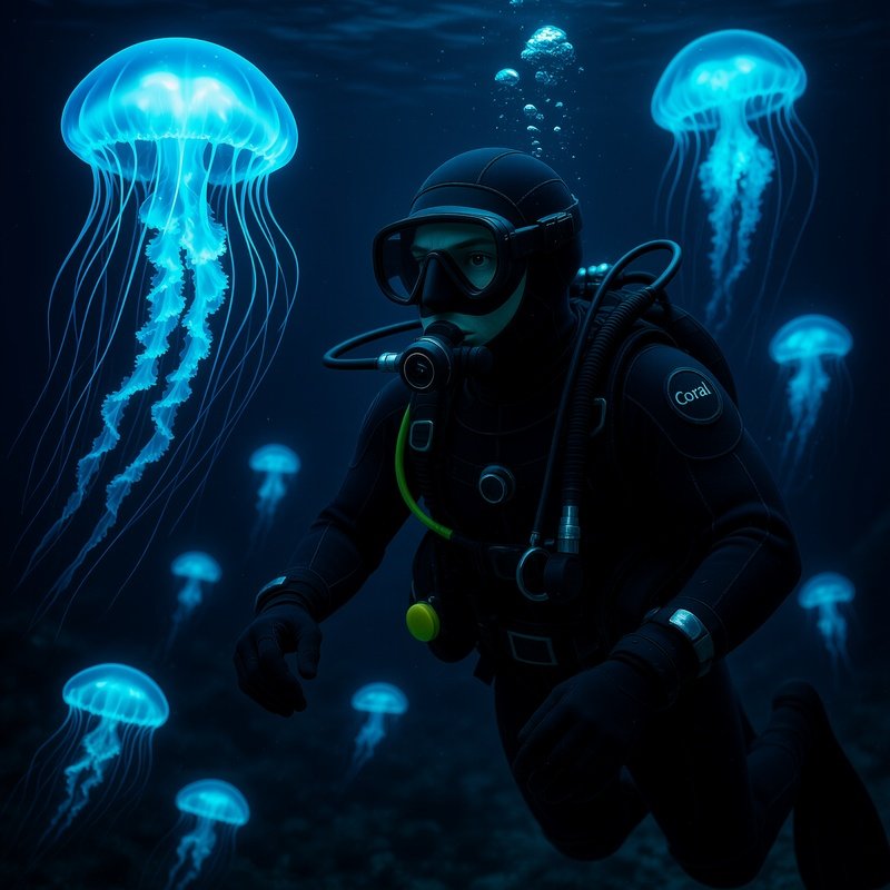 Diver Coral Muse Glowing Underwater Near Glowing Jellyfish Science Fiction