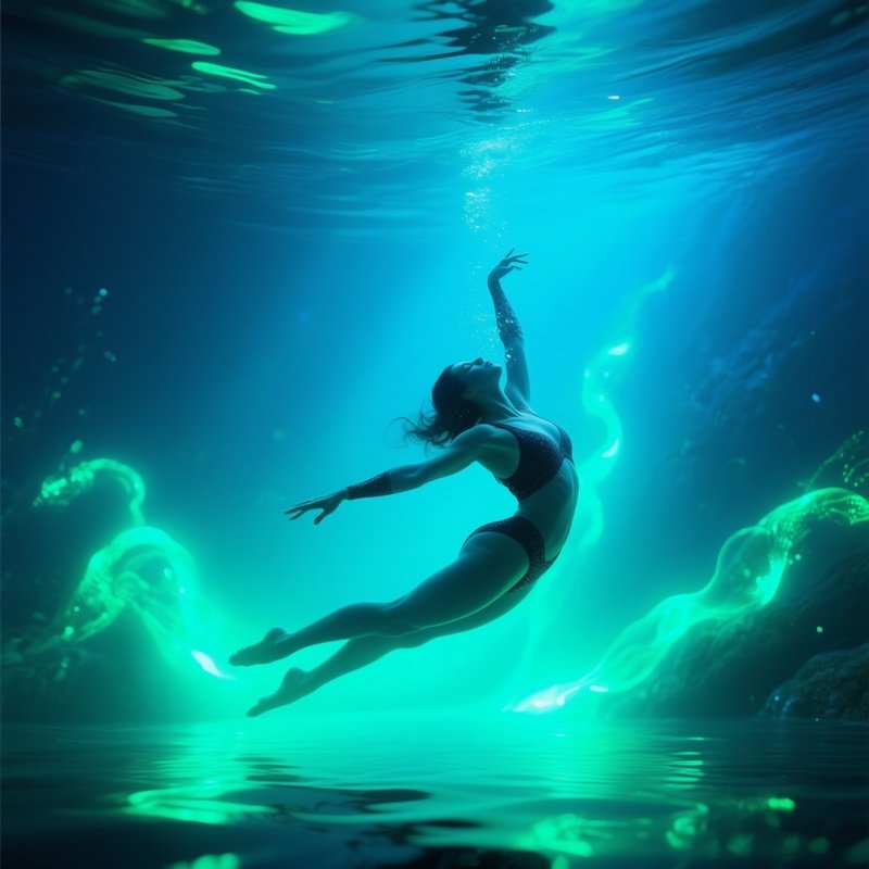 Diver Performing Acrobatics In Bioluminescent Waters