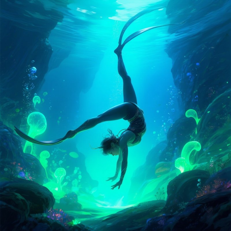 Diver Performing Acrobatics In Bioluminescent Waters Digital Art