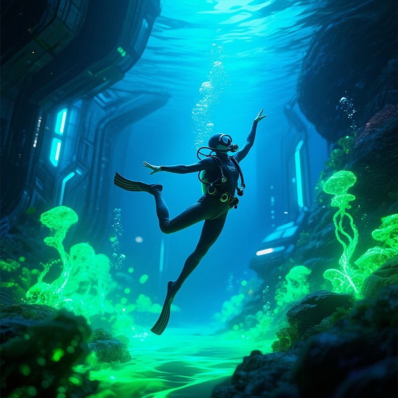 Diver Performing Acrobatics In Bioluminescent Waters Science Fiction
