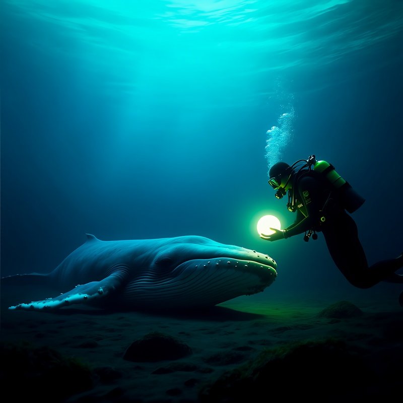 Diver With Light Orb Underwater Interacting With Whale