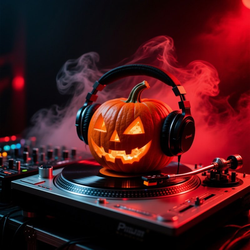 Dj Setup With A Carved Pumpkin Wearing Headphones Halloween Dj