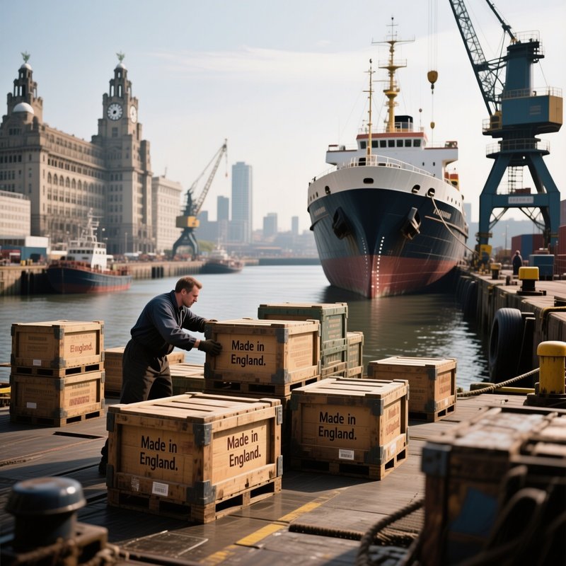 Dockyards  The London Or Liverpool Docks. Ships Being Loaded With Manufactured Goods. Crates Stamped  Made In England. 