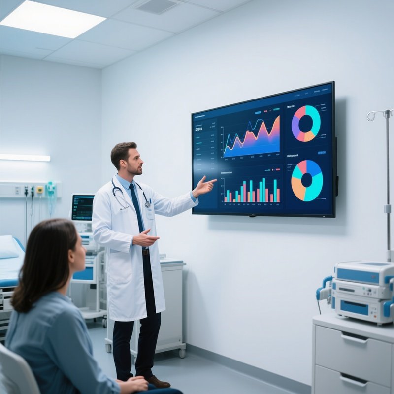 Doctor Explaining Test Results Using Wall Mounted Display
