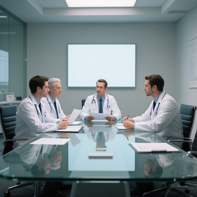Doctors Discussing Patient Charts At A Glass Conference Table