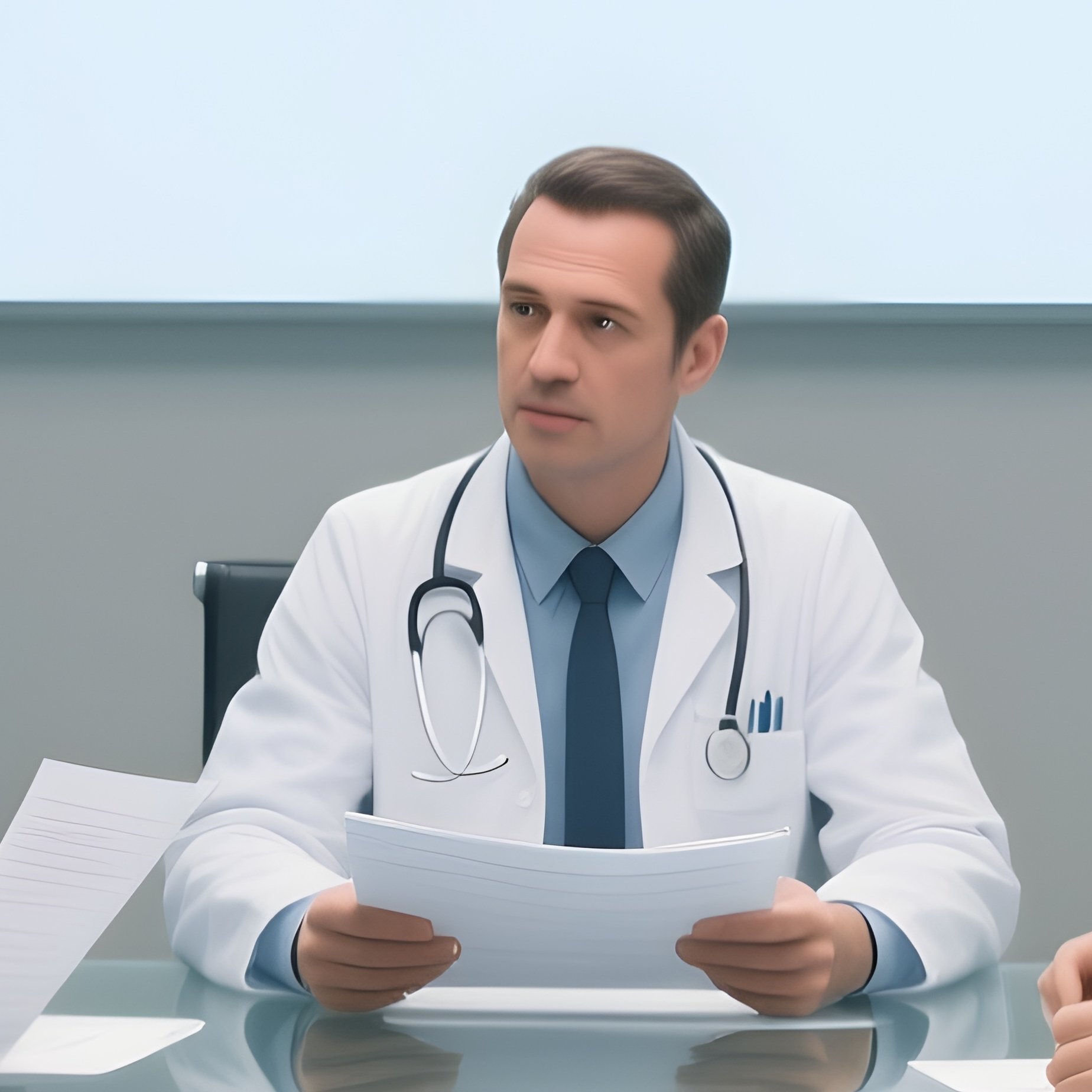 Doctors Discussing Patient Charts At A Glass Conference Table - Full Resolution Quality Preview