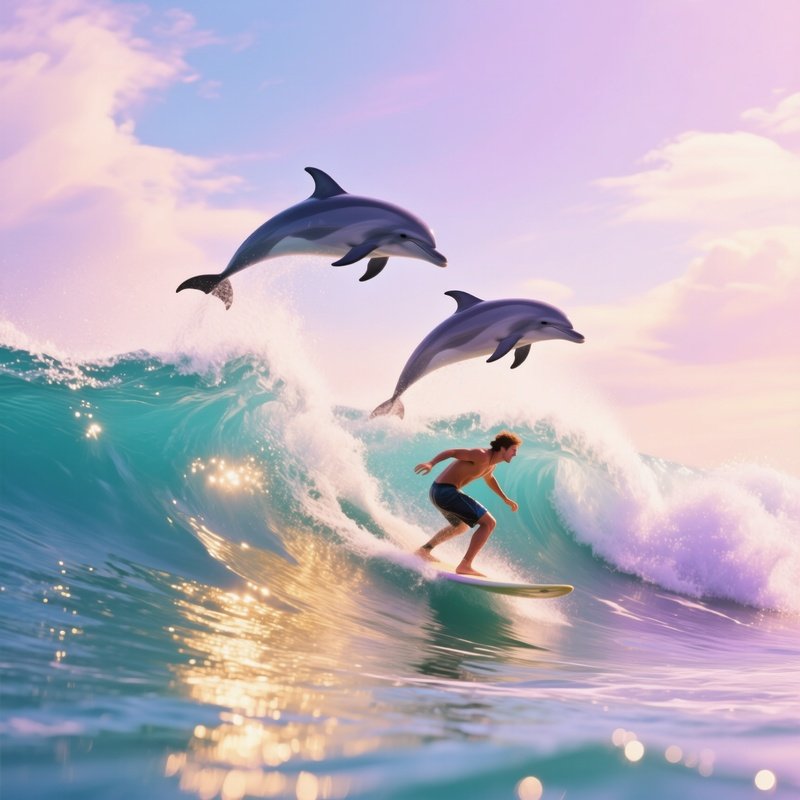 Dolphin Companions Surfer Wave Dolphins Breach Whimsical Rich Palette