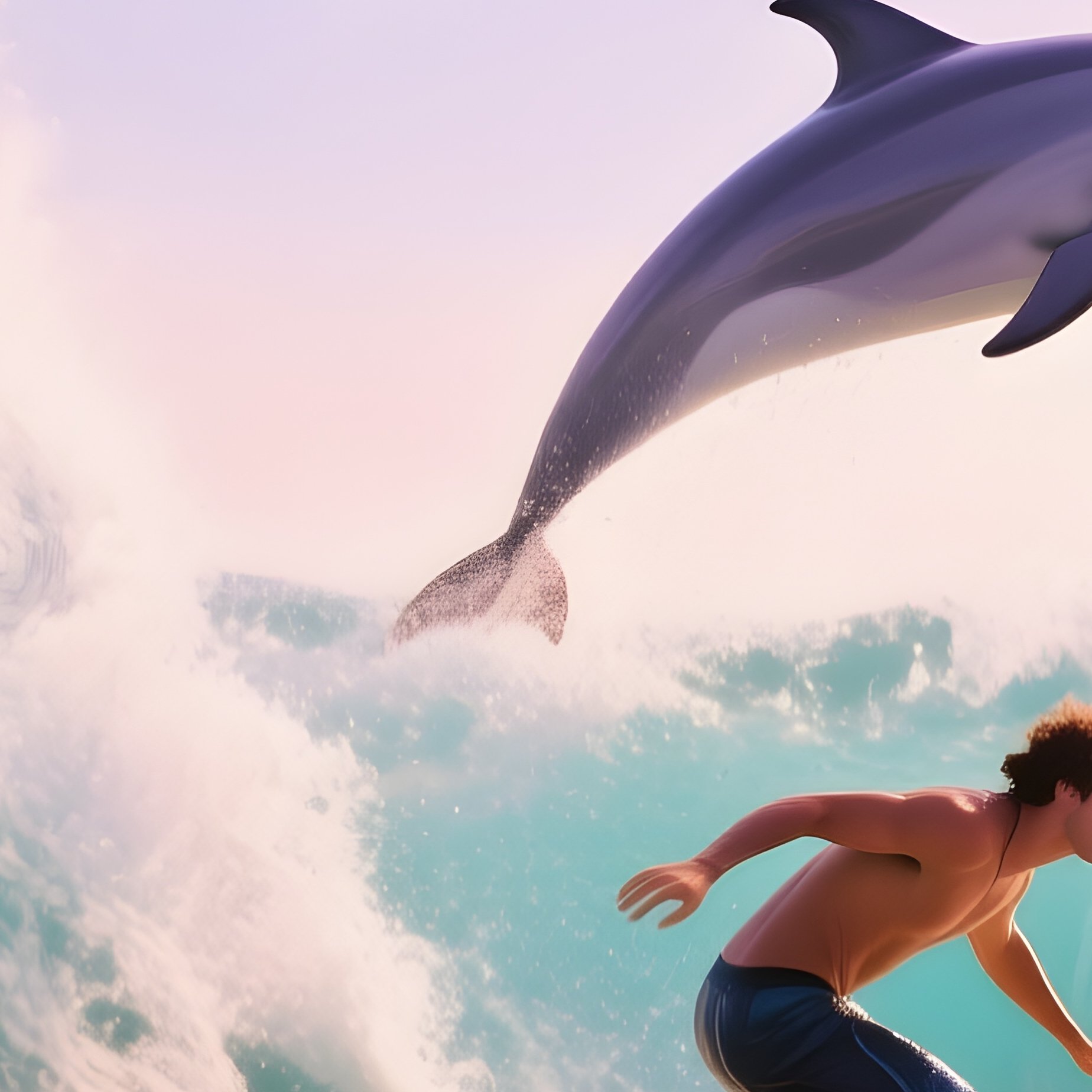 Dolphin Companions Surfer Wave Dolphins Breach Whimsical Rich Palette - Full Resolution Quality Preview