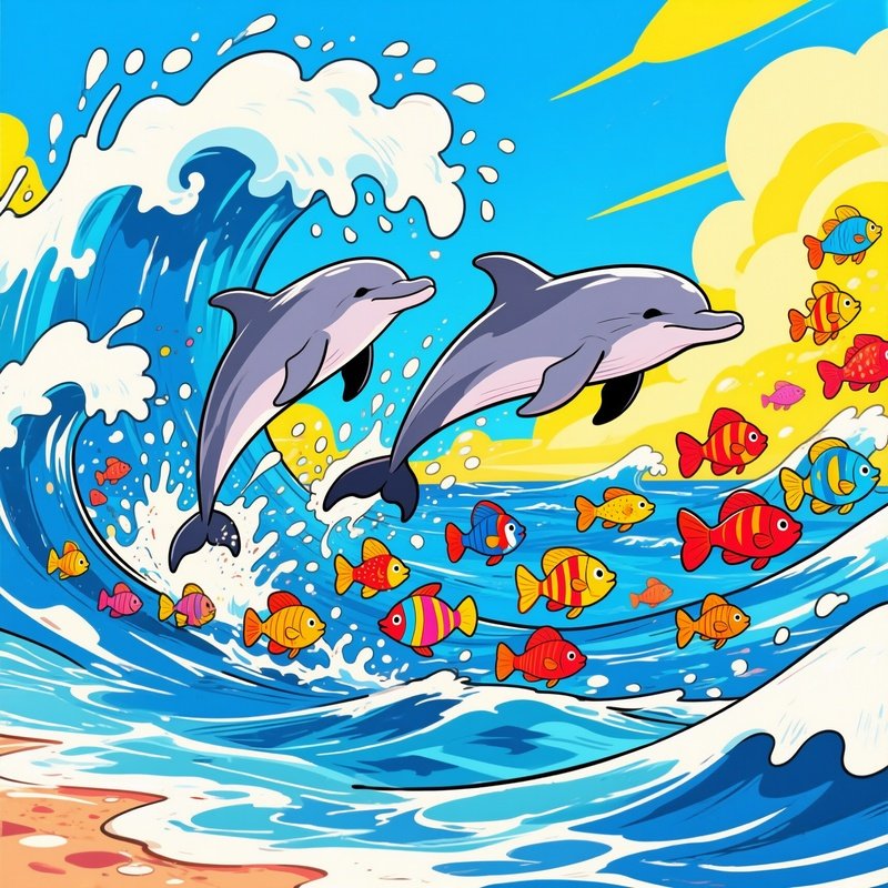 Dolphins Chasing Fish Comic Style Ocean