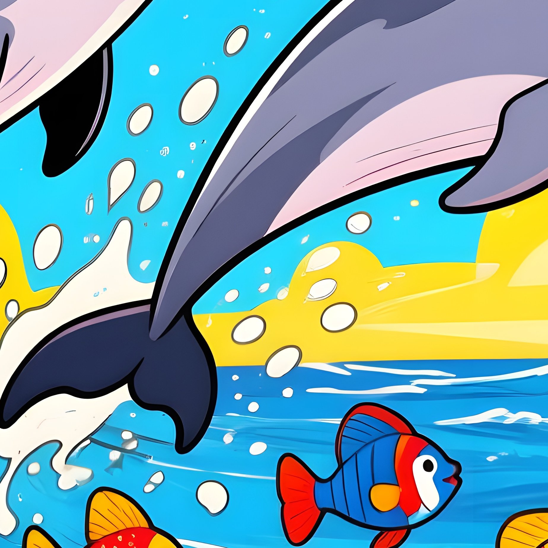 Dolphins Chasing Fish Comic Style Ocean - Full Resolution Quality Preview