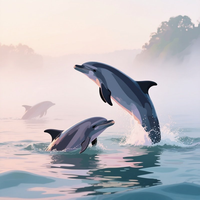Dolphins Frolicking In The Early Morning Mist, Their Forms And The Surrounding Water Depicted In A