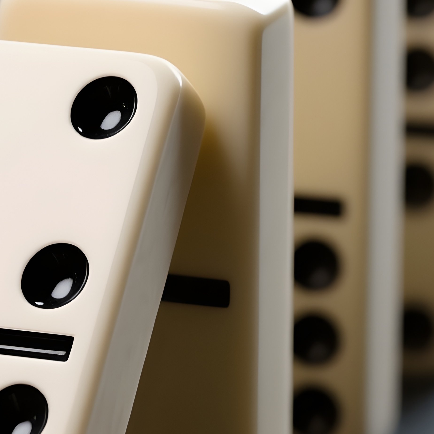 Domino Effect: A Long Line Of Dominoes With The First One Just Beginning To Fall, Captured In Macro Focus, Symbolizing Cause And Effect In Business Strategy. - Full Resolution Quality Preview