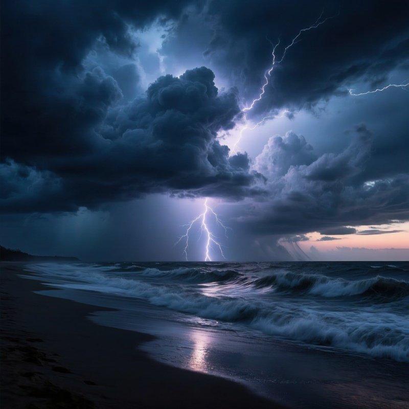 Dramatic Beach Scene At Dusk With Storm Clouds Lightning And Turbulent Sea