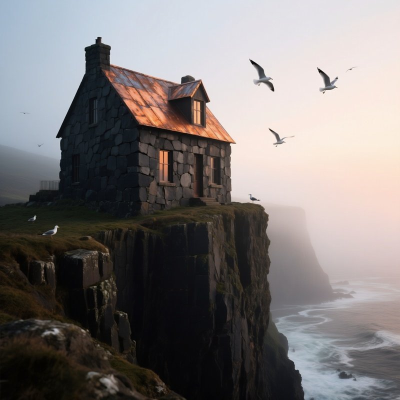 Dramatic Cliffside House Dark Basalt Copper Roof Dawn Foggy Bay