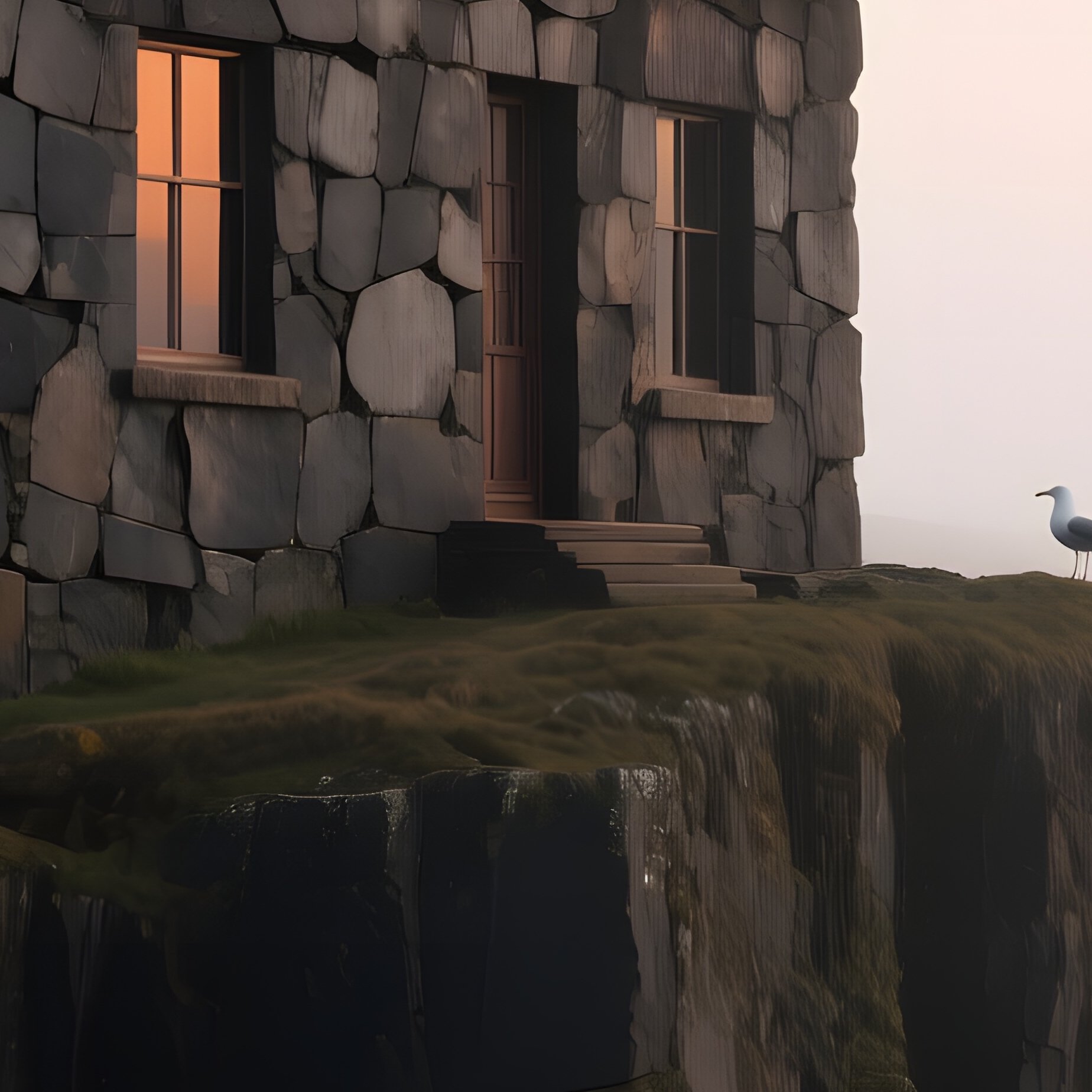Dramatic Cliffside House Dark Basalt Copper Roof Dawn Foggy Bay - Full Resolution Quality Preview
