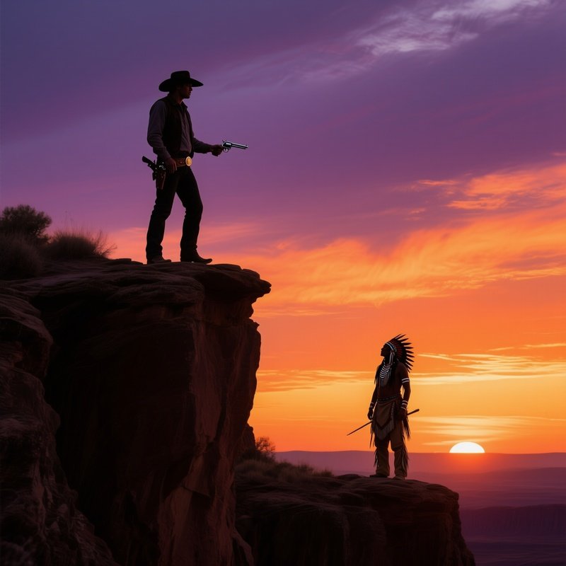 Dramatic Cliffside Sunset Cowboy Lakota Warrior
