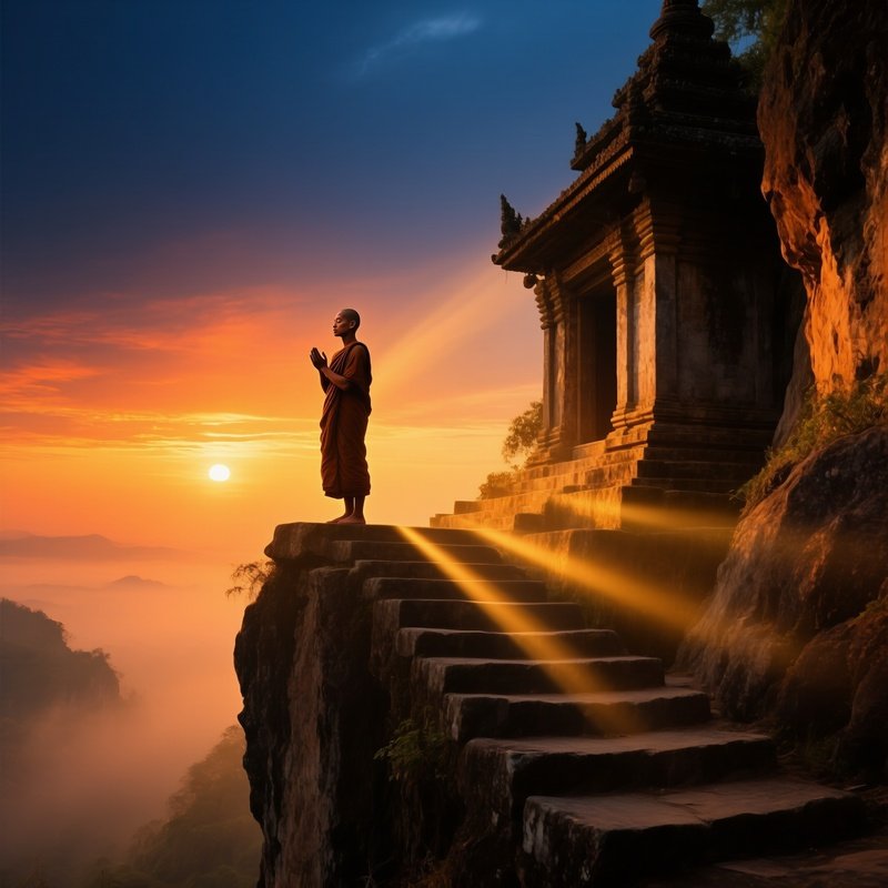 Dramatic Cliffside Temple At Sunrise Nude Monk Silent Chant