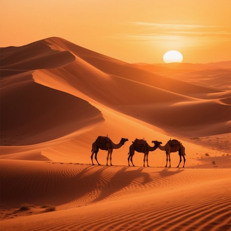 Dramatic Desert Landscape Golden Hour Clay Dunes Caravan Silhouette