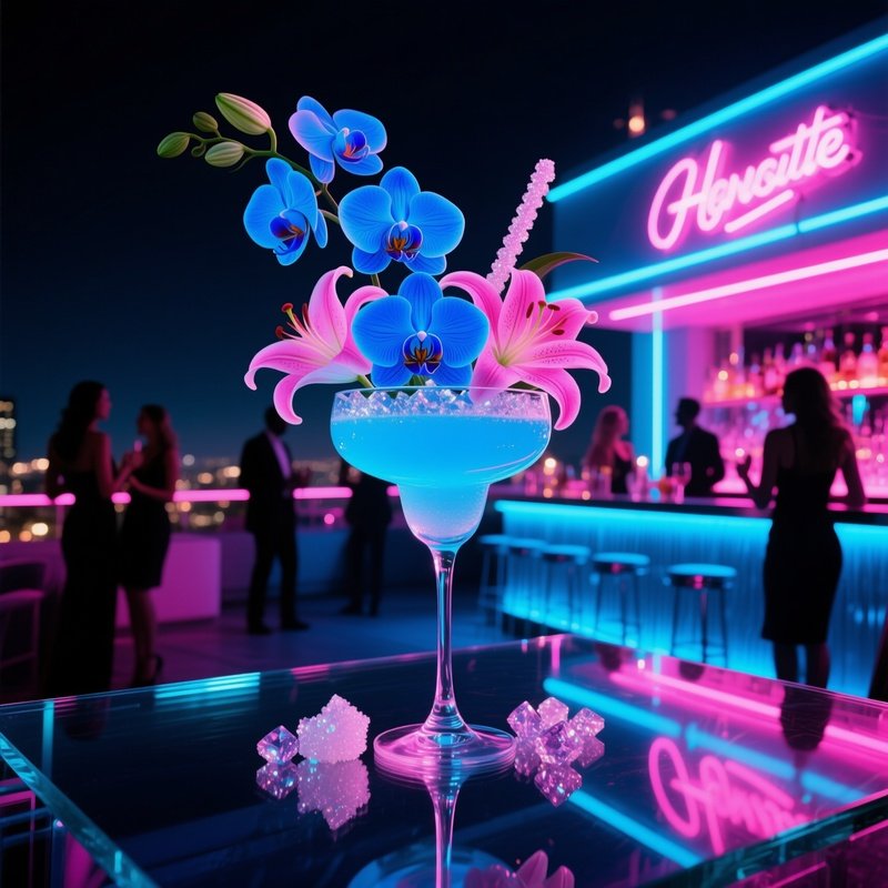 Dramatic Night Rooftop Party Neon Bar Cocktail Glass Electric Blue Orchids Pink Lilies Glittering