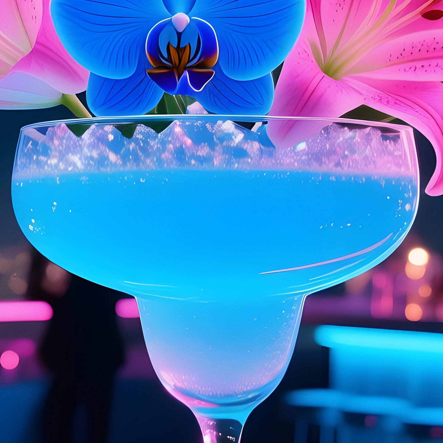 Dramatic Night Rooftop Party Neon Bar Cocktail Glass Electric Blue Orchids Pink Lilies Glittering - Full Resolution Quality Preview