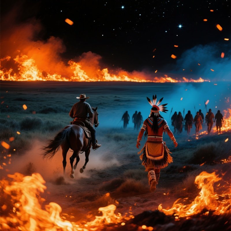 Dramatic Night Sky Over Prairie Fire With Cowboy And Indigenous Warrior