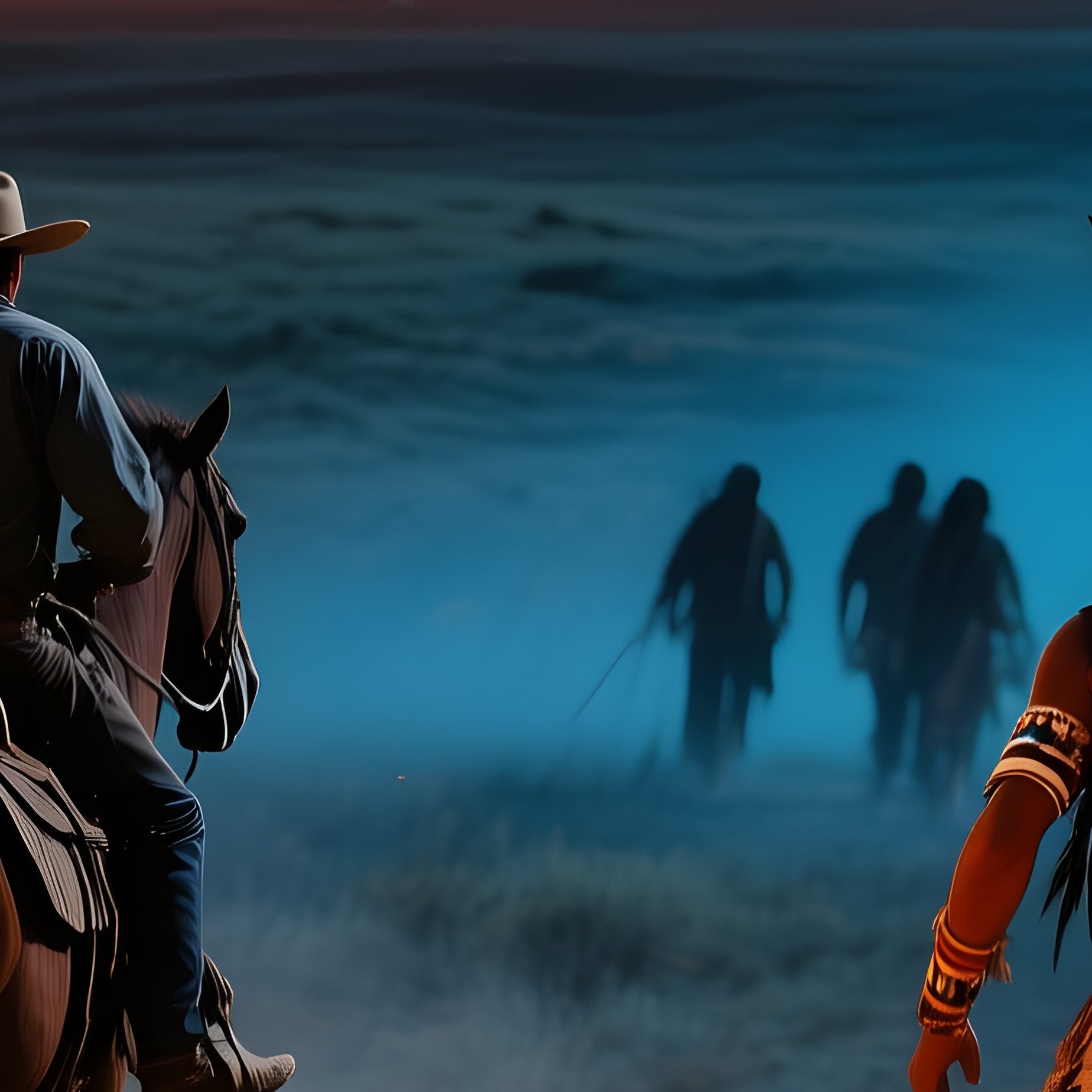 Dramatic Night Sky Over Prairie Fire With Cowboy And Indigenous Warrior - Full Resolution Quality Preview