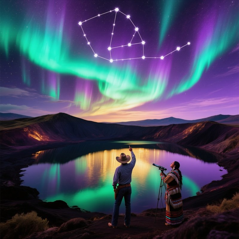Dramatic Night Sky Over Volcanic Crater Lake With Aurora Borealis And Cowboy Navajo Astronomer