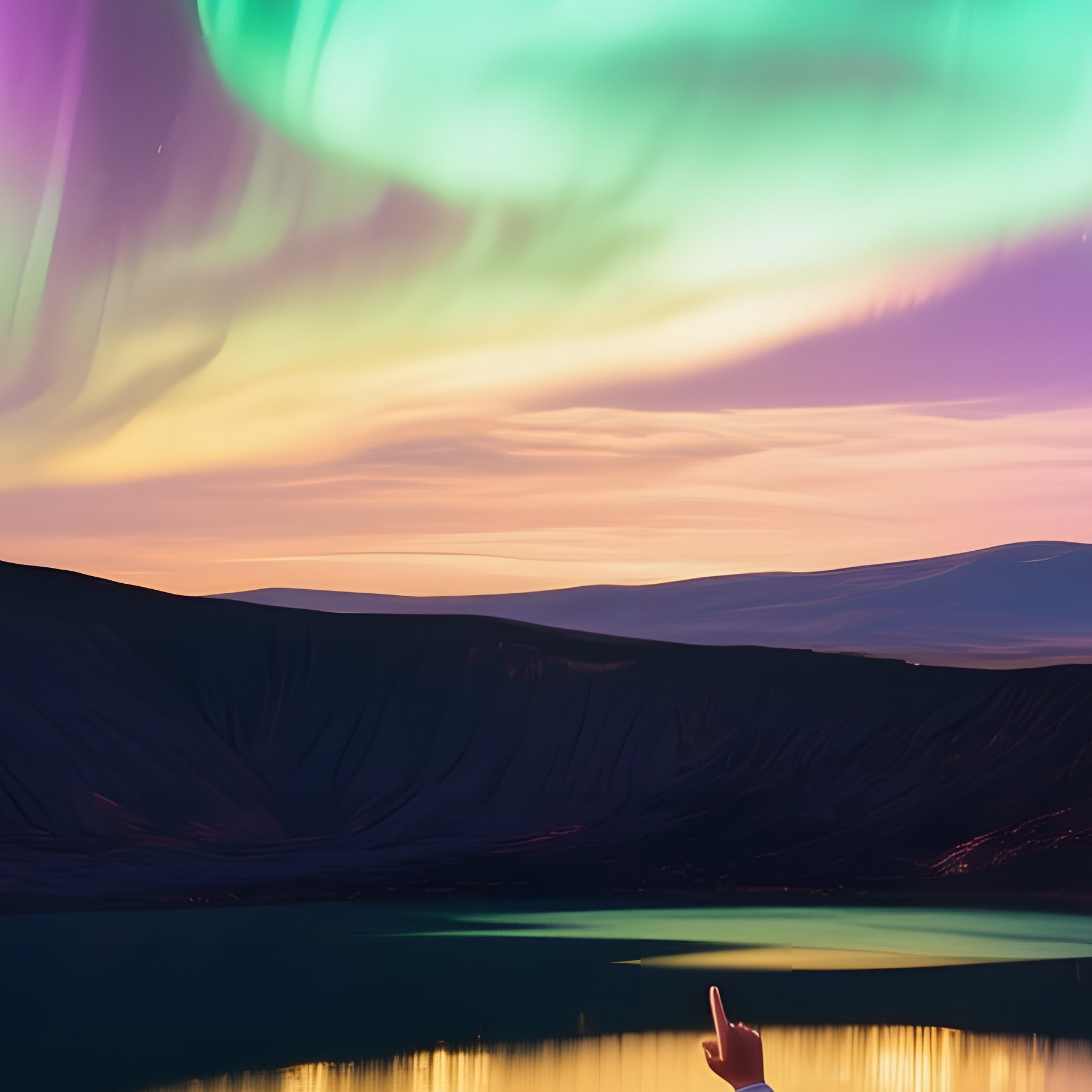 Dramatic Night Sky Over Volcanic Crater Lake With Aurora Borealis And Cowboy Navajo Astronomer - Full Resolution Quality Preview