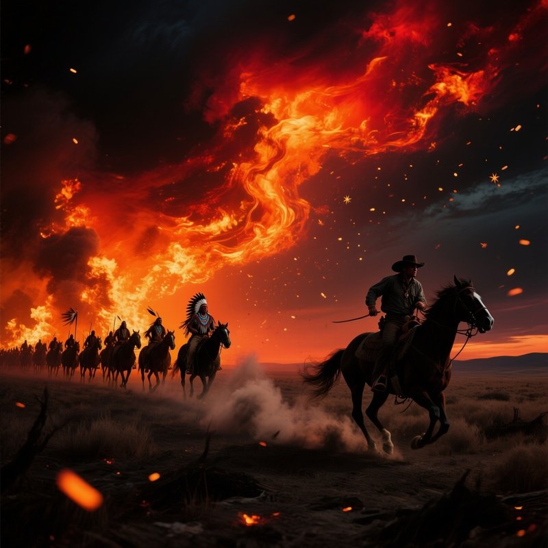 Dramatic Night Sky Prairie Fire Cowboy Lakota Warrior