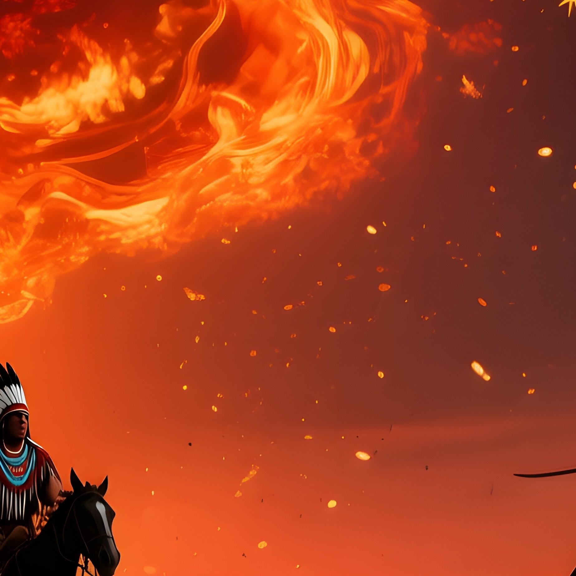 Dramatic Night Sky Prairie Fire Cowboy Lakota Warrior - Full Resolution Quality Preview