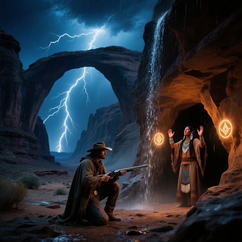 Dramatic Night Storm Desert Canyon Lightning Cowboy Shaman