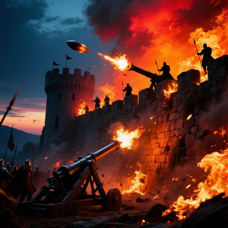 Dramatic Siege Of Medieval Castle At Twilight