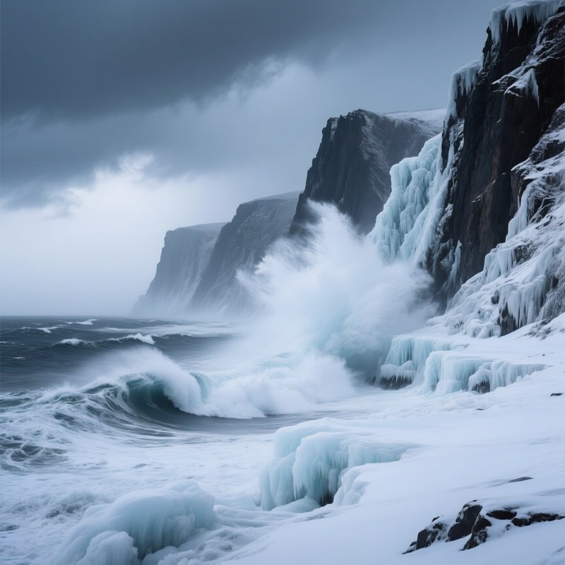 Dramatic Stormy Coastline Ice Cliffs Waves Snow