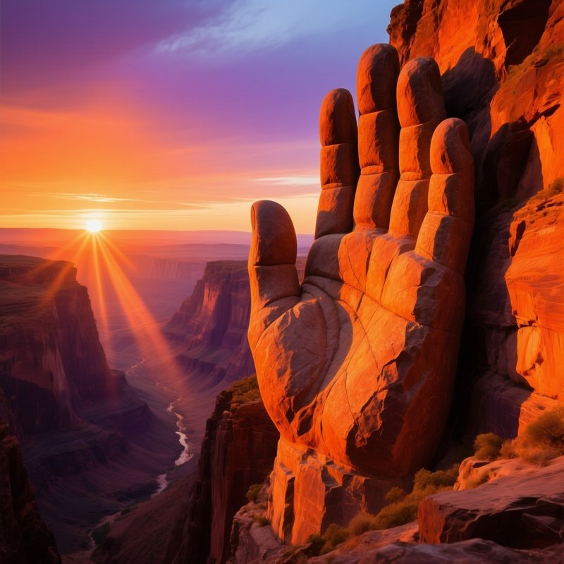 Dramatic Sunrise Over Canyon With Stone Hand Emerging From Cliff