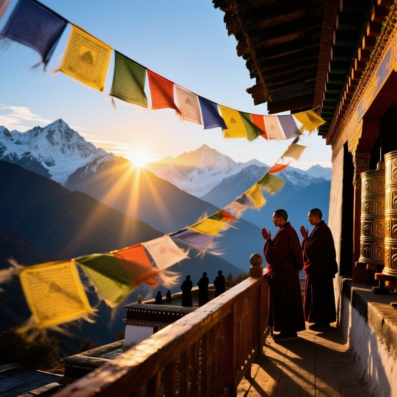 Dramatic Sunrise Over Himalayas From Tibetan Monastery Balcony