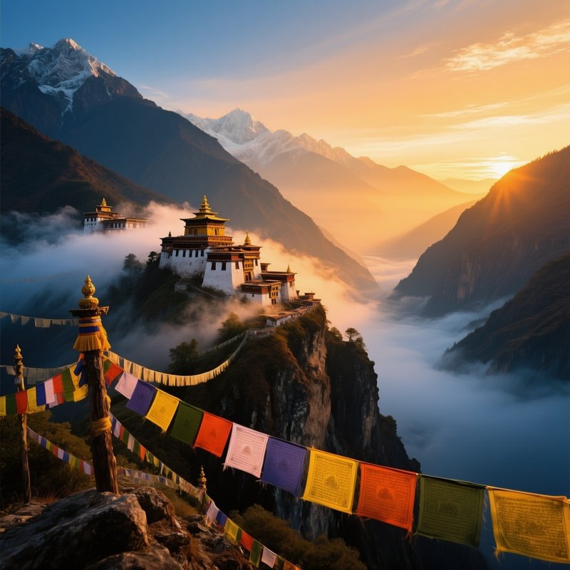 Dramatic Sunrise Over Indian Himalayan Valley Prayer Flags Mist Monasteries