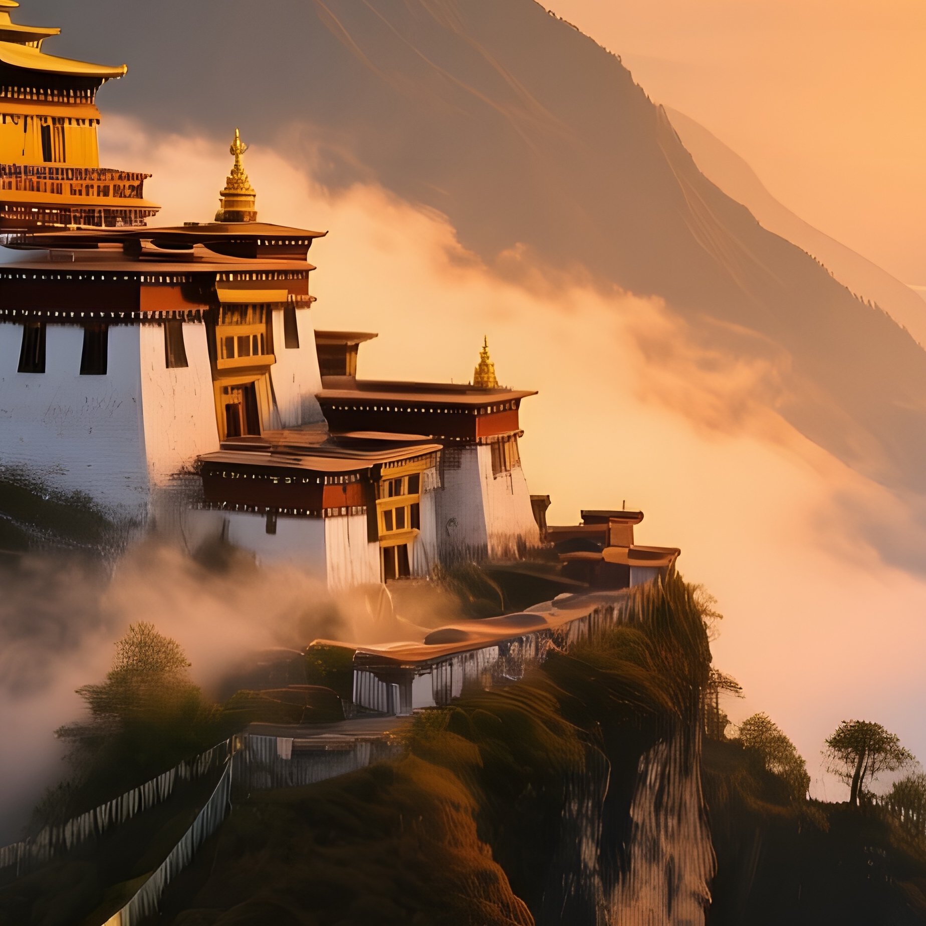 Dramatic Sunrise Over Indian Himalayan Valley Prayer Flags Mist Monasteries - Full Resolution Quality Preview