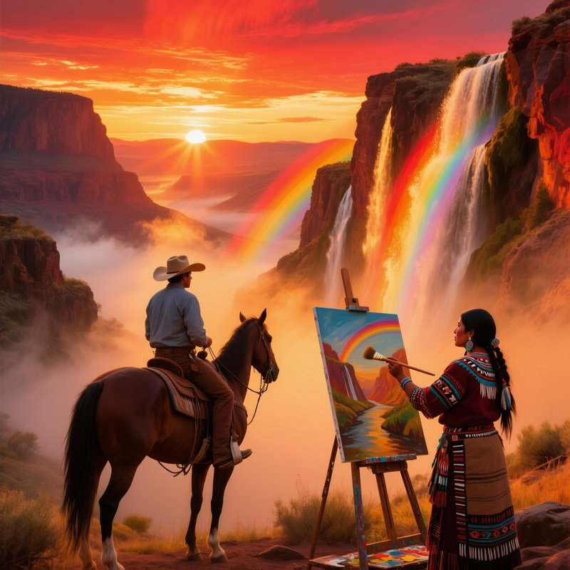 Dramatic Sunrise Over Misty Valley With Waterfalls Cascading Rainbow Arcs Cowboy On Horseback