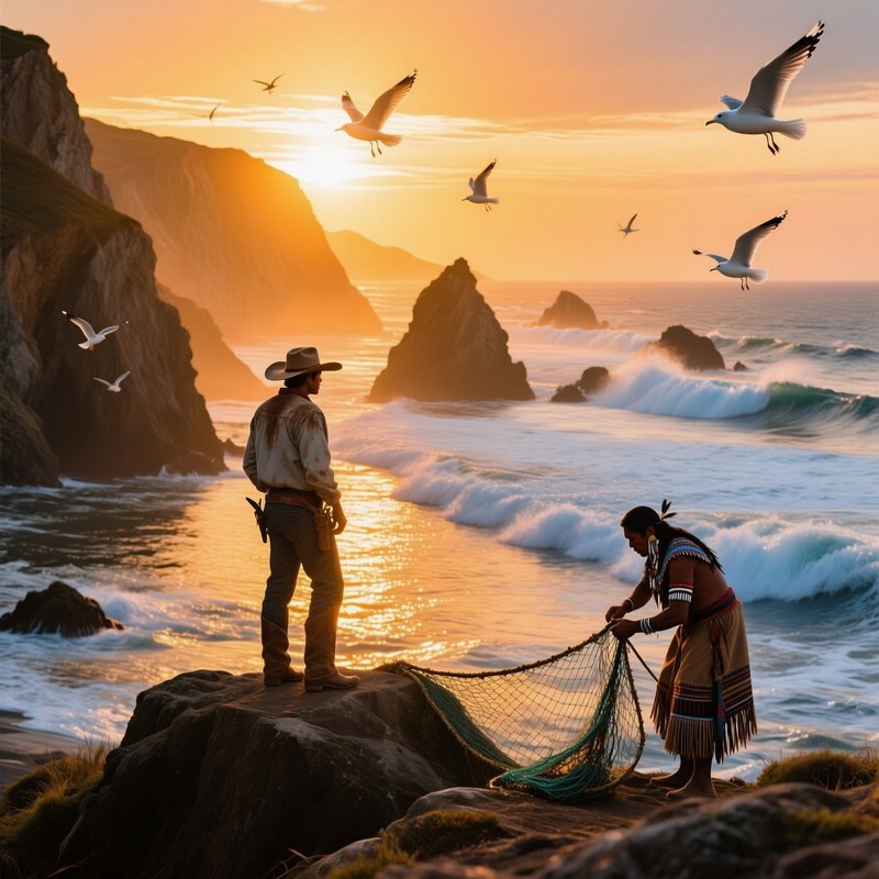 Dramatic Sunrise Over Rugged Cliffs With Sea Gulls Soaring Waves Crashing Cowboy Indigenous