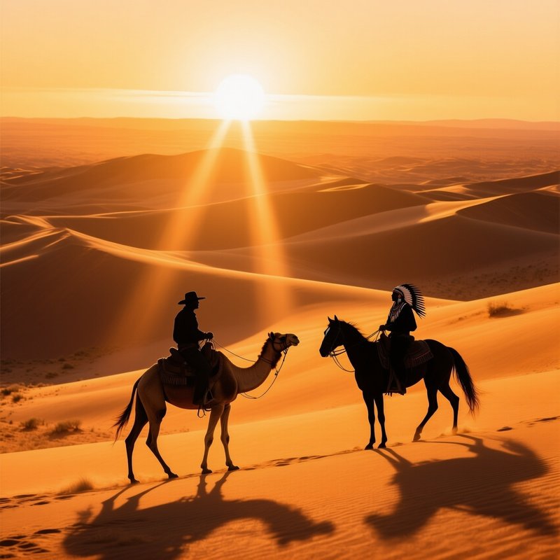 Dramatic Sunrise Over Sand Dunes With Cowboy And Navajo Rider