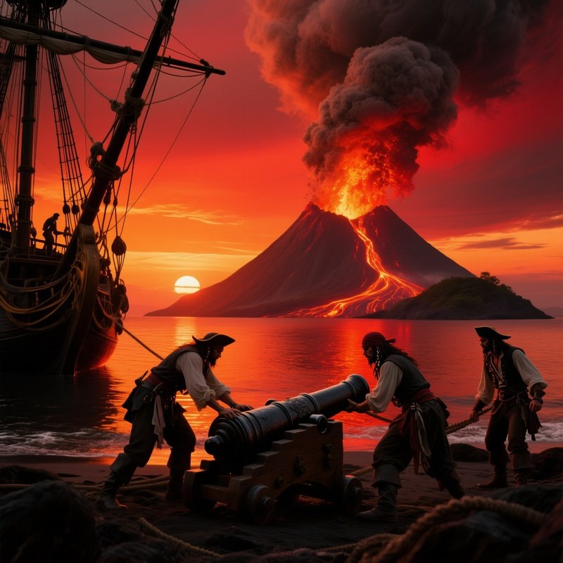 Dramatic Sunrise Over Volcanic Island With Ash Drifting Pirates Loading Cannons Ship Lava Glow