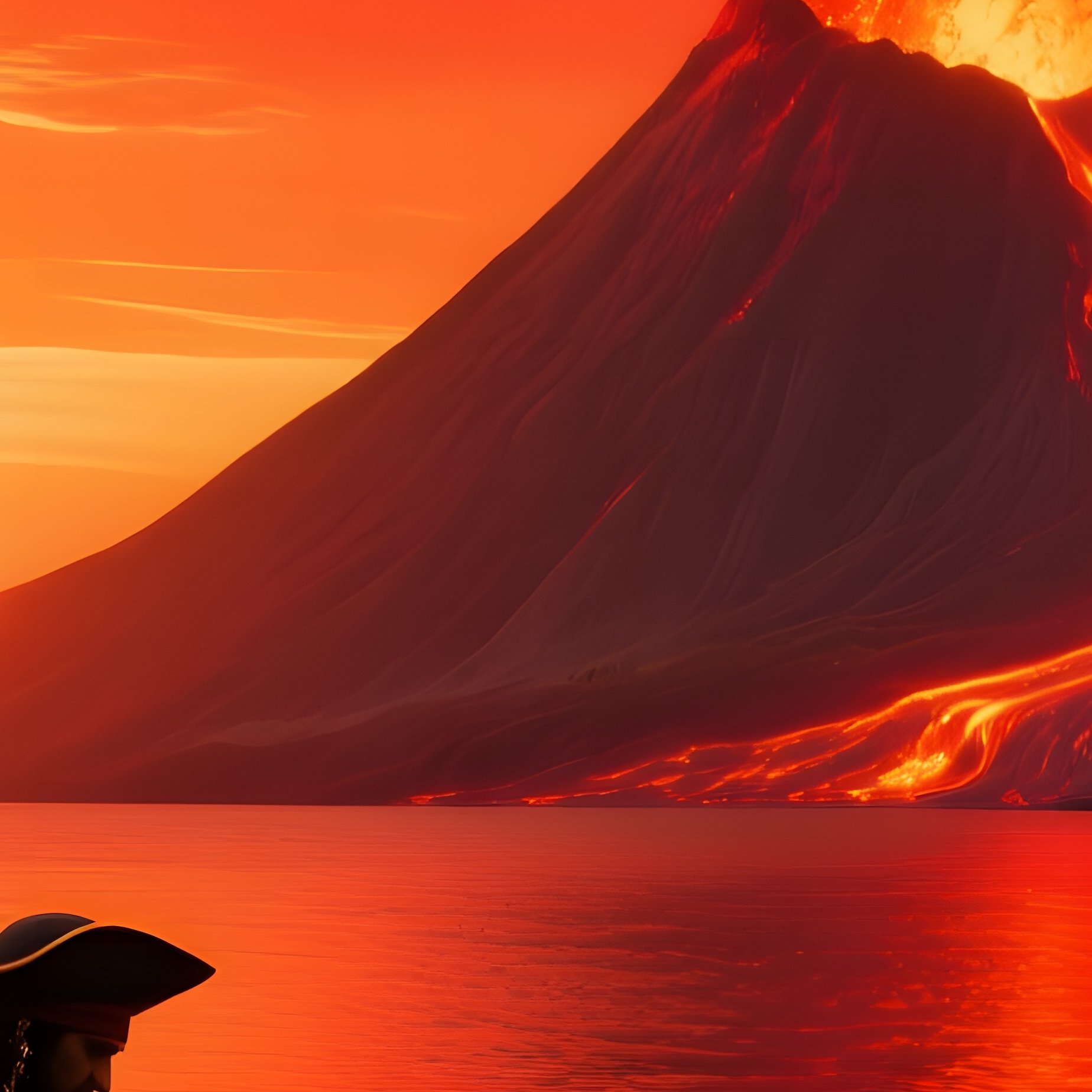 Dramatic Sunrise Over Volcanic Island With Ash Drifting Pirates Loading Cannons Ship Lava Glow - Full Resolution Quality Preview