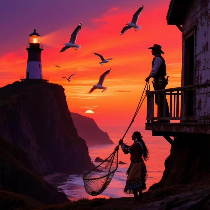 Dramatic Sunset Coastline Cowboy Indigenous Fisherman