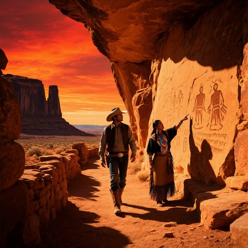 Dramatic Sunset Desert Mesa Ruins Cowboy Navajo Guide Petroglyphs