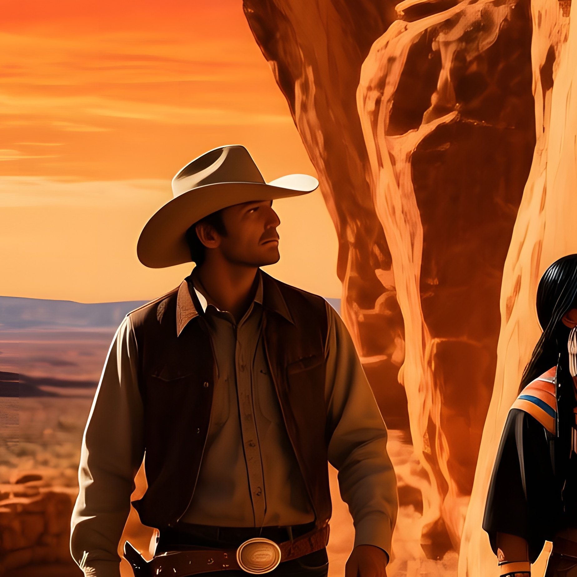 Dramatic Sunset Desert Mesa Ruins Cowboy Navajo Guide Petroglyphs - Full Resolution Quality Preview